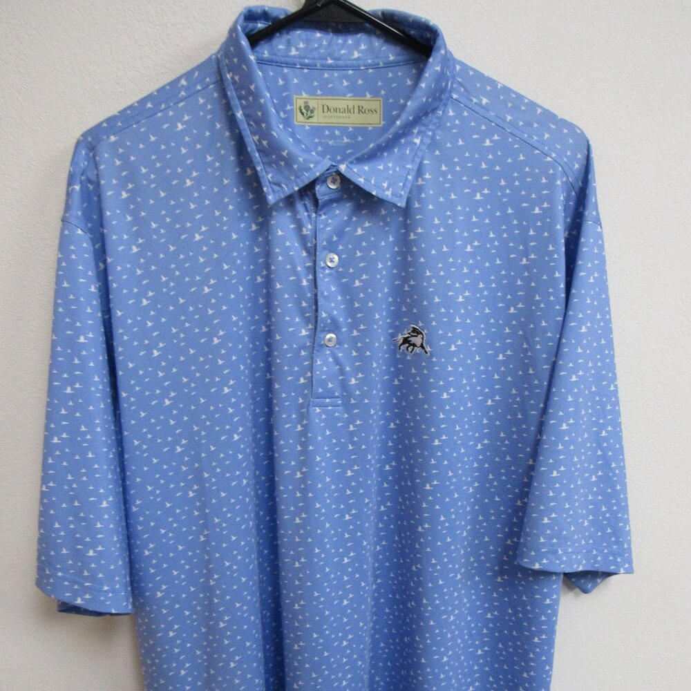 Donald Ross Blue Flying Bird Pattern Golf Polo Shirt Embroidered Bull XL
